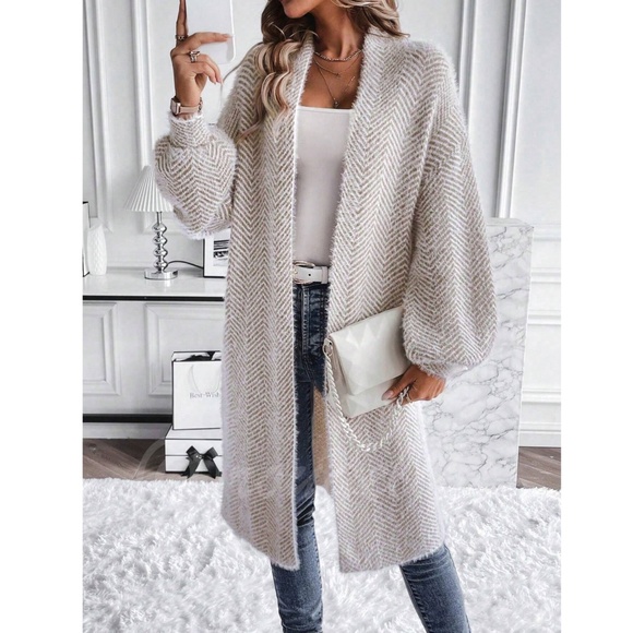 Fuzzy Chevron Beige White Open Cardigan Long Bishop Sleeve Soft - Picture 6 of 9